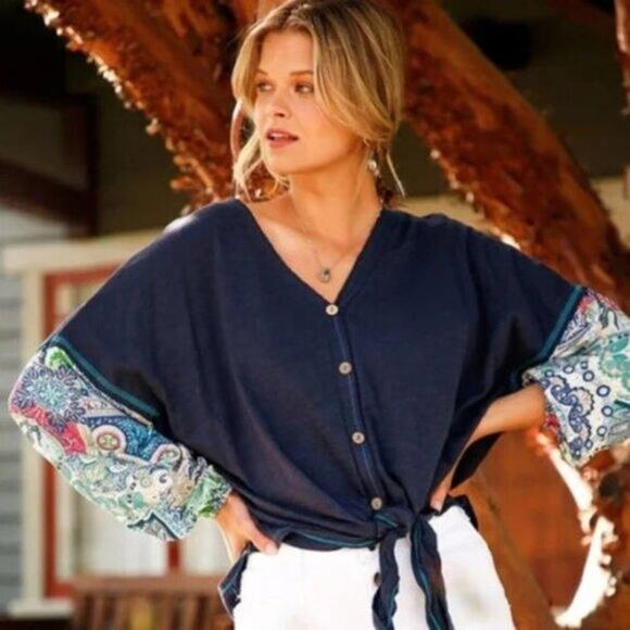 Umgee Navy with Balloon Paisley Sleeves Tie Front Contrast Stitching Top Size L - Picture 1 of 10